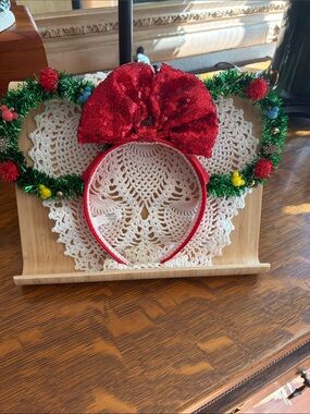 Disney Red Sequin Minnie Ear Headband with Green Tinsel Holiday Accents